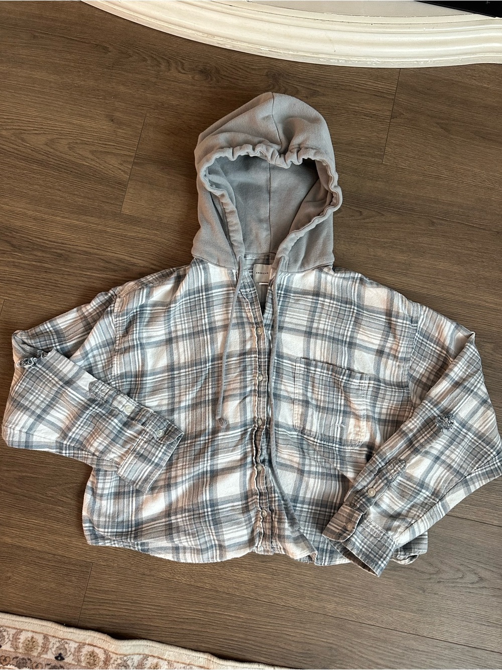 American Eagle Outfitters Distressed Plaid Hooded Crop Flannel